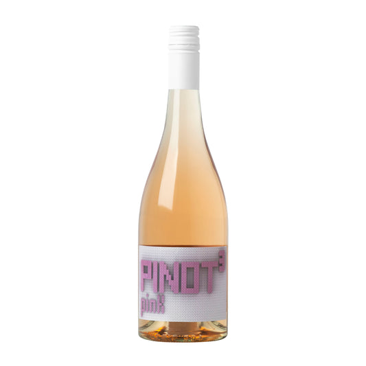 Bottle shot of Untitled Wines' Pinot3 (pinot cubed) Pink. A pink wine blend of Pinot Noir, Pinot Gris and Pinot blanc. Wine of New Zealand
