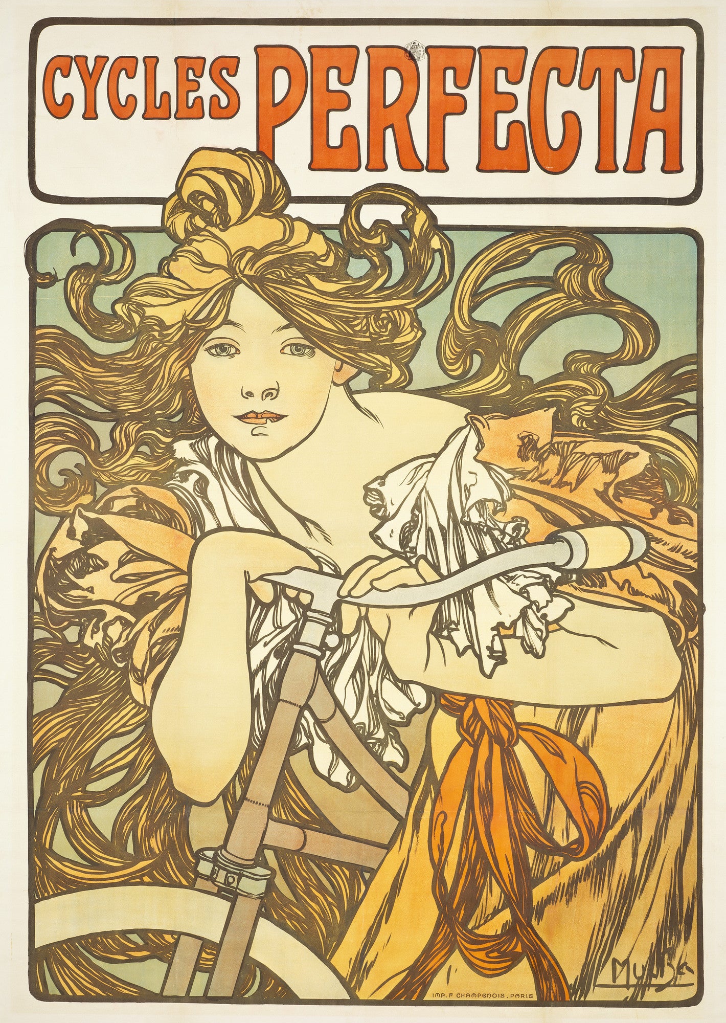Alphonse Mucha Cycles Perfecta vintage bicycle poster artwork used on the Pink Table Wine label