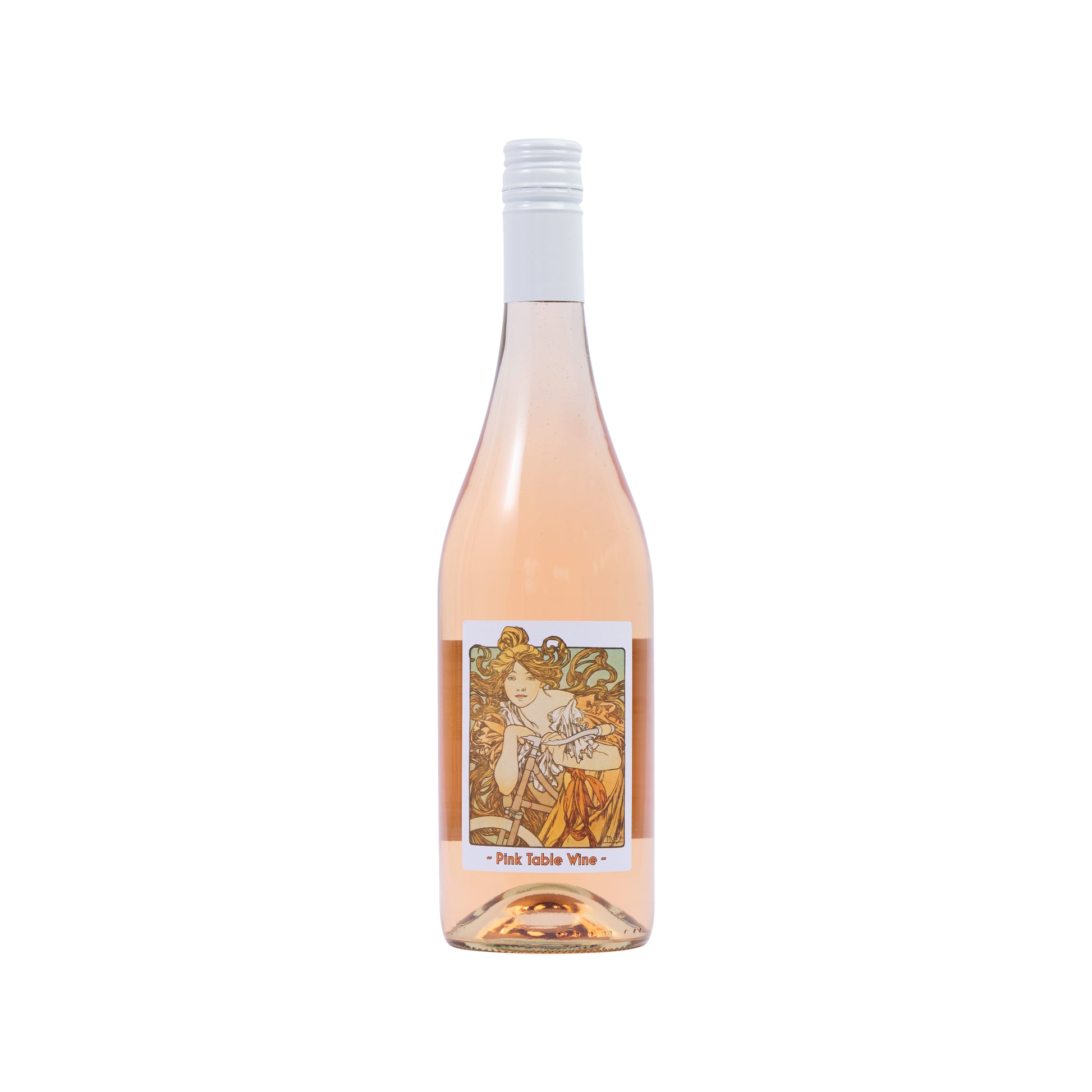A clean cut bottle shot of Untitled Wine's Cycles Perfecta Pink Table Wine. The label is an art nouveau style of a lady on a bike by Alphonse Mucha.