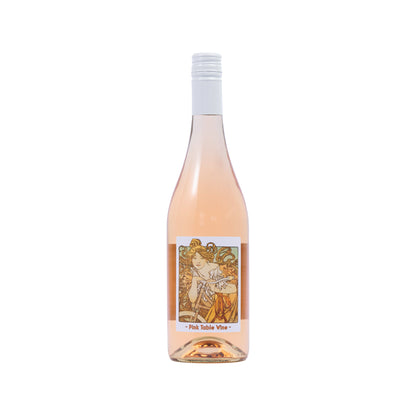A clean cut bottle shot of Untitled Wine's Cycles Perfecta Pink Table Wine. The label is an art nouveau style of a lady on a bike by Alphonse Mucha.