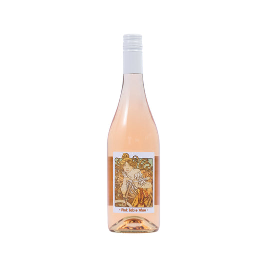 A clean cut bottle shot of Untitled Wine's Cycles Perfecta Pink Table Wine. The label is an art nouveau style of a lady on a bike.