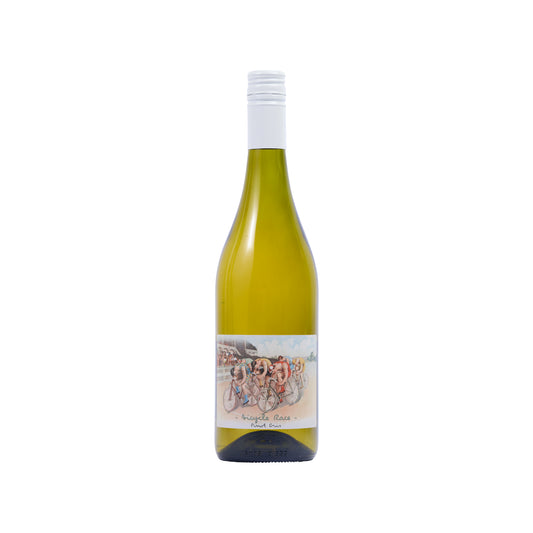 A bottle of Untitled Wines Bicycle Race Marlborough Pinot Gris, New Zealand. Featuring on the label a retro image of men having a bicycle race 