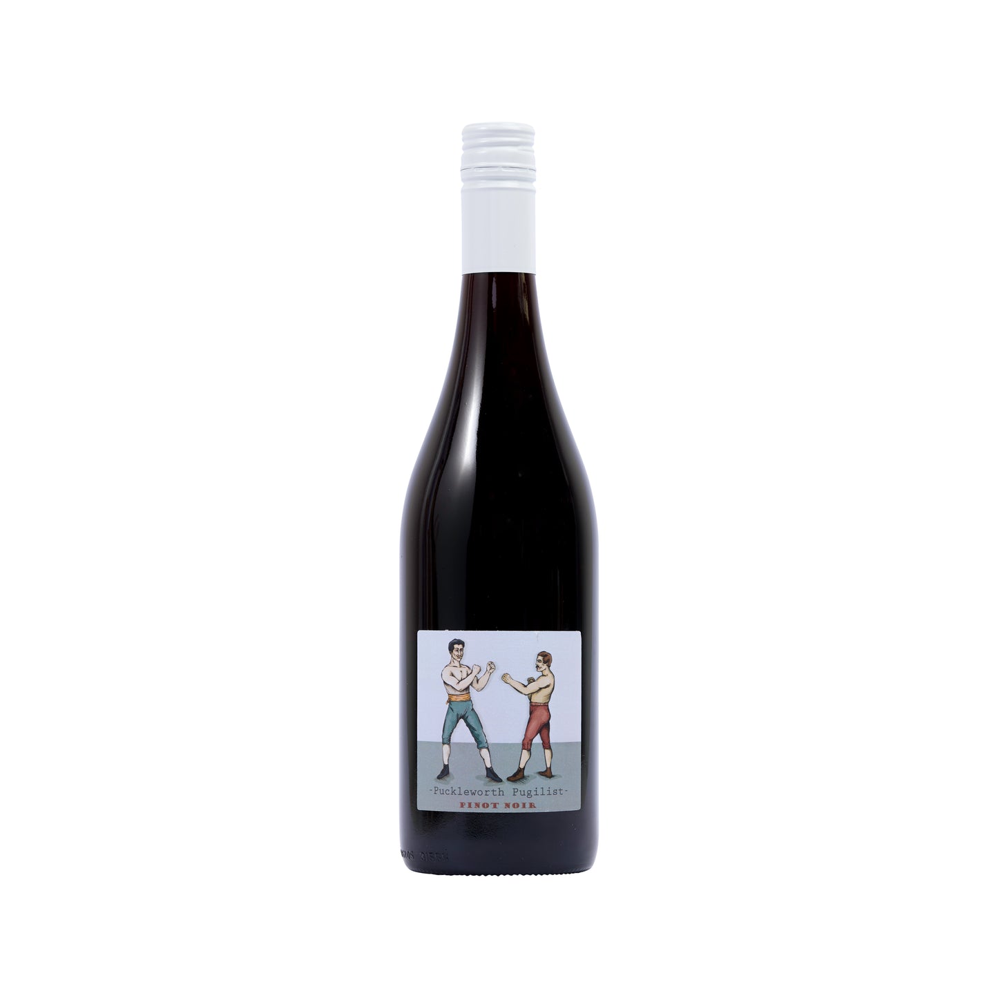 A clean cut bottle shot of Untitled Wines Puckleworth Pugilist Pinot Noir from Marlborough, New Zealand, featuring two retro bare knuckle boxers facing off. 