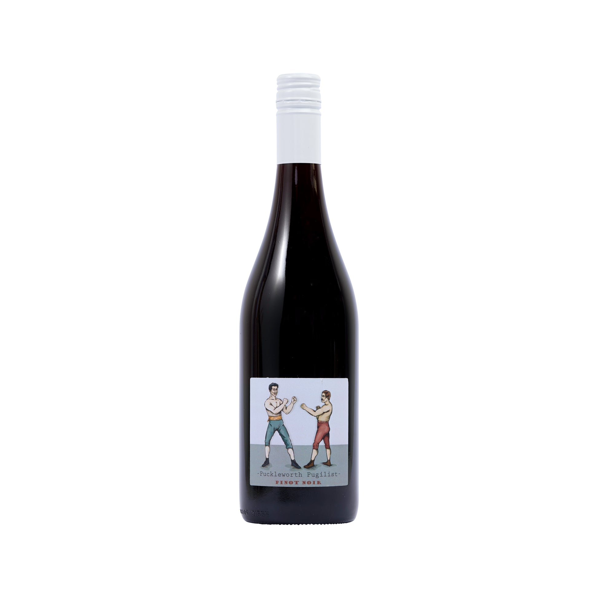 A clean cut bottle shot of Untitled Wines Puckleworth Pugilist Pinot Noir from Marlborough, New Zealand, featuring two retro bare knuckle boxers facing off. 