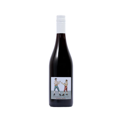 A clean cut bottle shot of Untitled Wines Puckleworth Pugilist Pinot Noir from Marlborough, New Zealand, featuring two retro bare knuckle boxers facing off. 