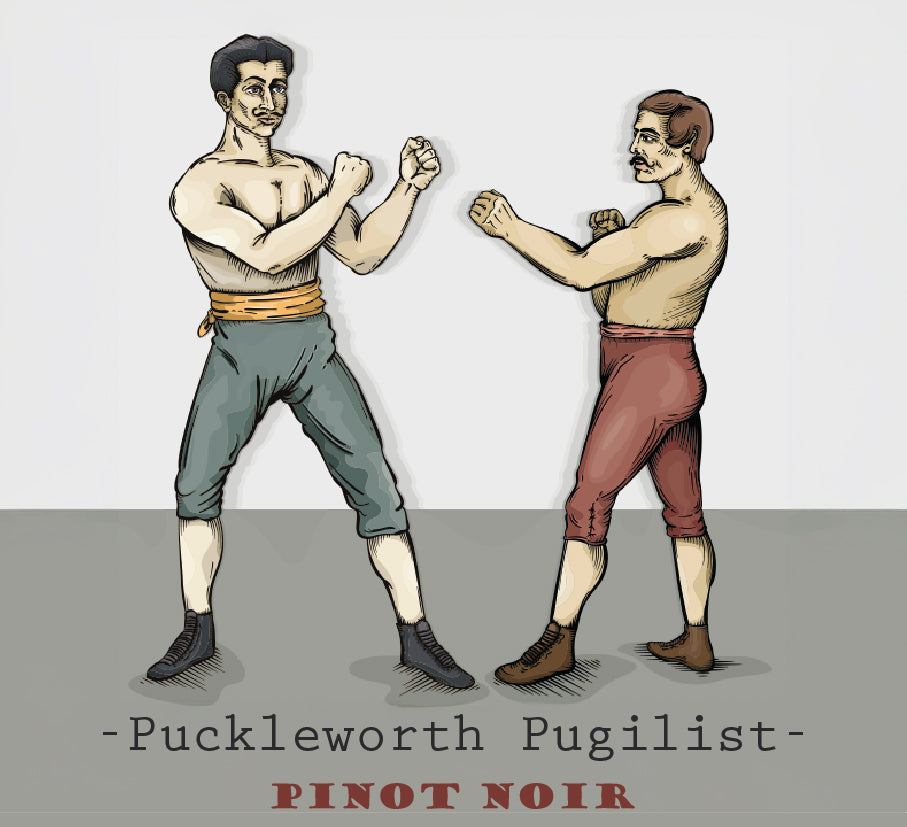 Puckleworth Pugilist Pinot Noir label artwork showing two retro bare-knuckle boxers