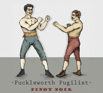 Puckleworth Pugilist Pinot Noir label artwork showing two retro bare-knuckle boxers