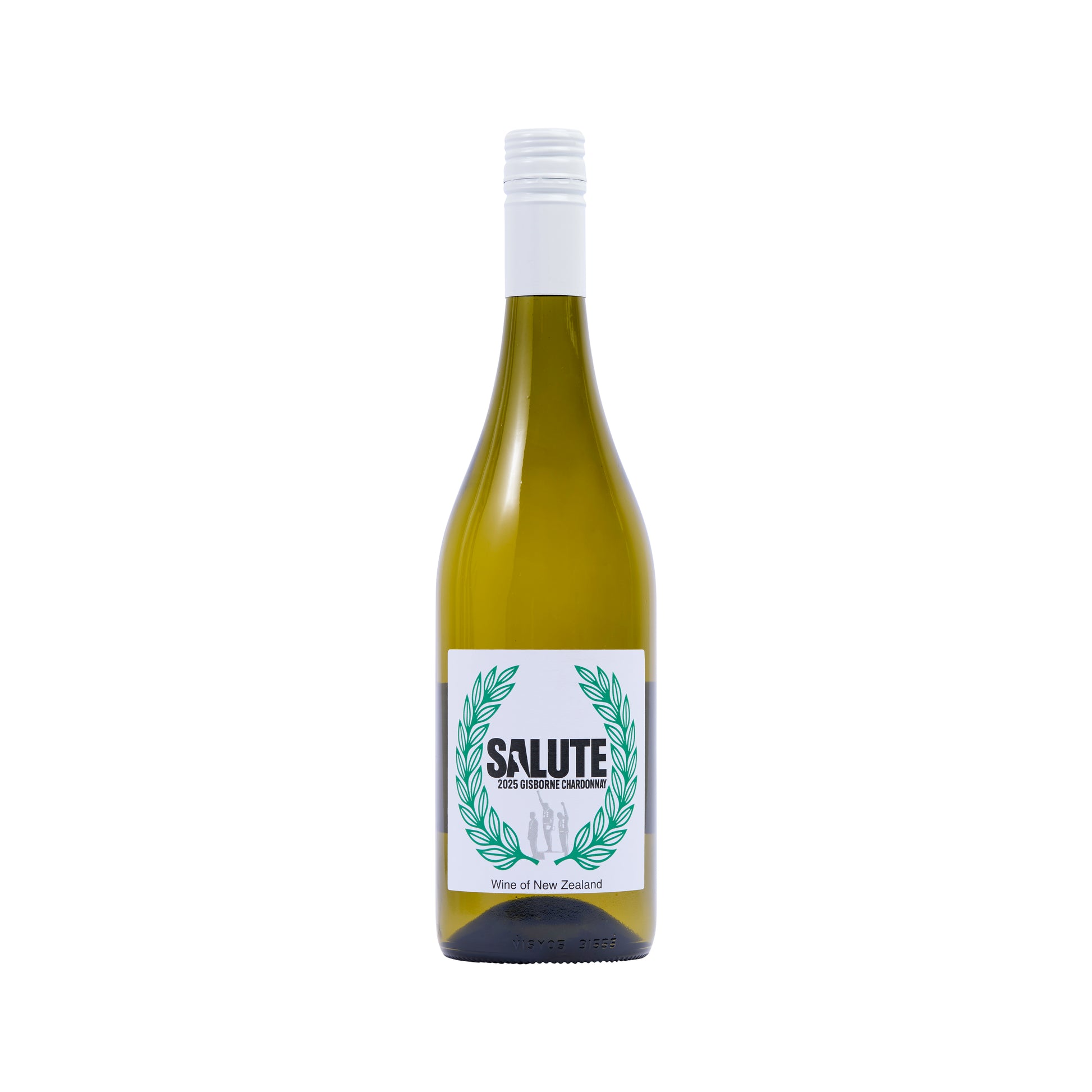 a clean cut bottle shot of Salute Gisborne Chardonnay by Untitled Wines, a 2025 New Zealand.  Label inspired by Peter Norman and the 1968 Olympic podium saluteChardonnay