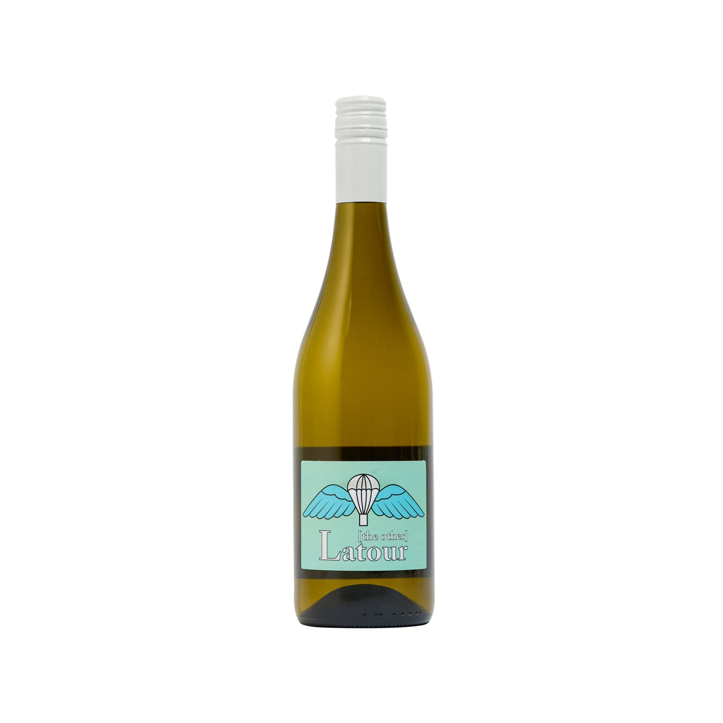 Clean cut bottle shot of [the other] Latour dry white wine by Untitled Wines the label is inspired by the British Army Parachute Wings Badge