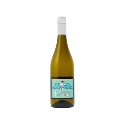 Clean cut bottle shot of [the other] Latour dry white wine by Untitled Wines the label is inspired by the British Army Parachute Wings Badge