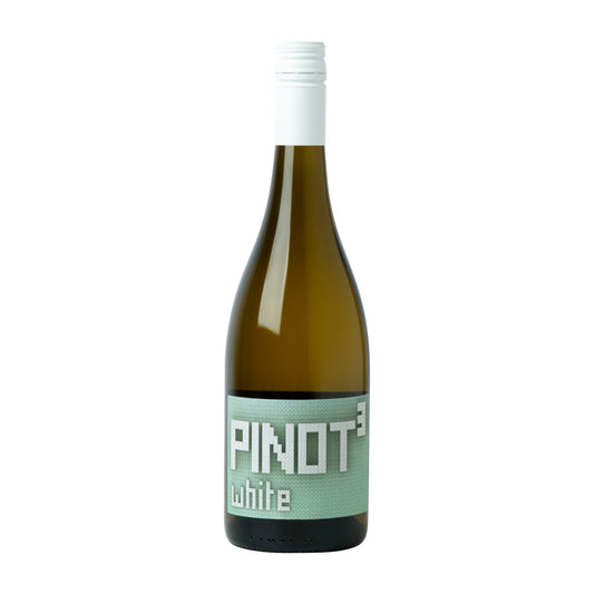 Pinot Cubed White. A blend of Pinot Blanc, Pinot Gris and Pinot Noir.Front clean cut bottle shot.